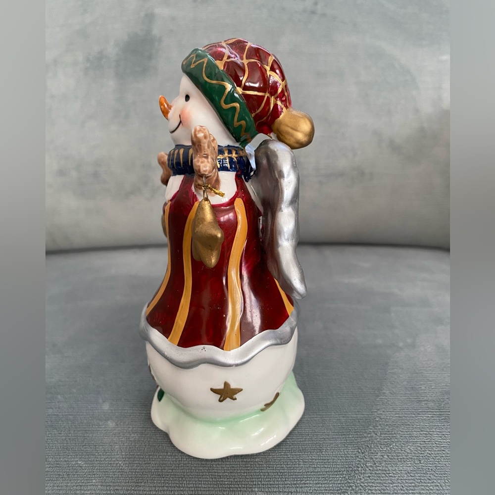 Cheerful Ceramic Snowman Figurine with Gold and Red Accents, Dangling Stars - Picture 5 of 9